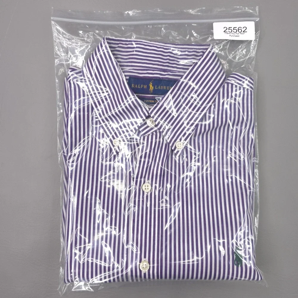 Ralph Lauren Shirt Mens Medium Purple Stripe Custom Fit Long Sleeve Button Down
